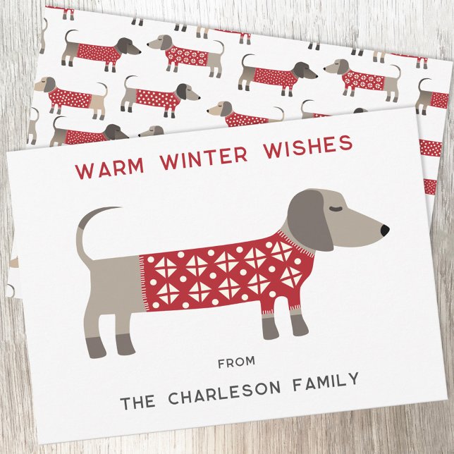 Dachshund Hund Spaß  Feiertagskarte (Dachshund Sausage or Wiener Dog in red and white cosy knitwear for a fun Christmas holiday card)
