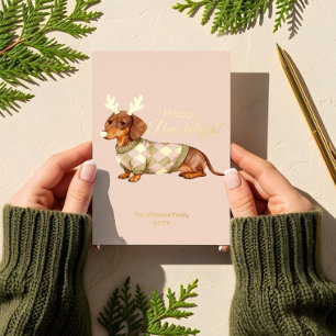 Dachshund-Hund-Weihnachten-kariertes Pullover-Foto Folien Feiertagskarte
