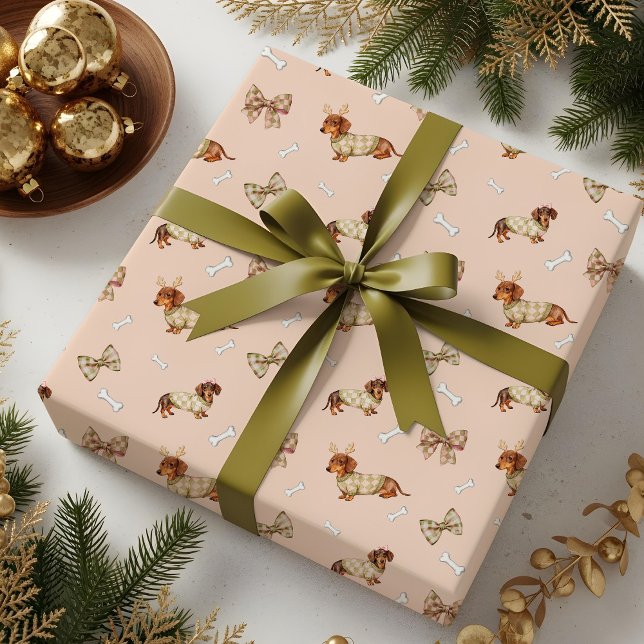 Dachshund-Hund-Weihnachten-Schachbrett-Pullover-Sc Geschenkpapier (Dachshund Dog Christmas Checkerboard Sweater Bow Wrapping Paper)