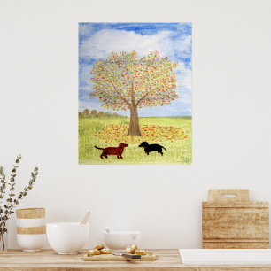 Dachshund Hunde Herbstbaumspaziergang Poster