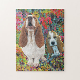 Dachshund-Jagdhund-Mama u. Welpe im Herbst Puzzle