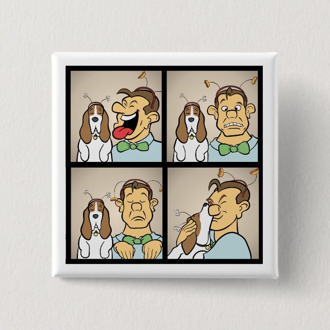 Dachshund-Jagdhund mit Mann im Foto-Stand-lustigen Button (Vorderseite)