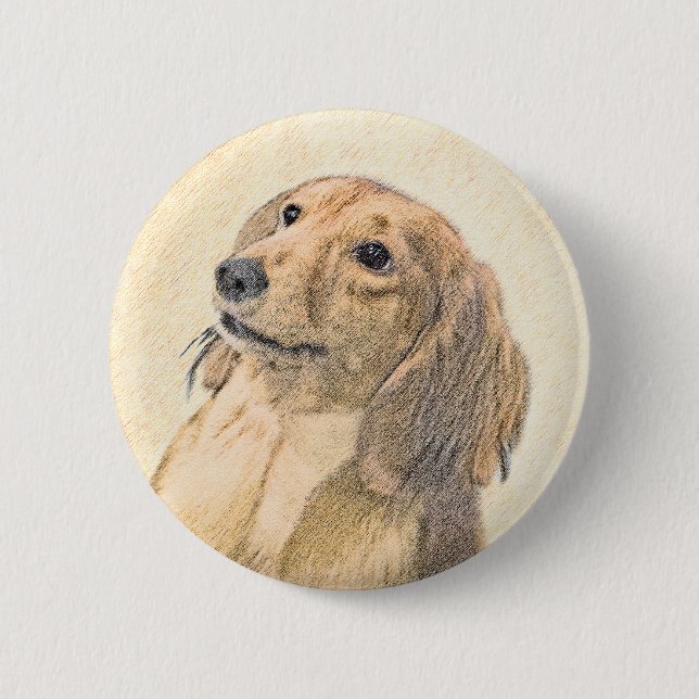 Dachshund (Langhaar) Malerei - Originale Hundekuns Button (Vorderseite)