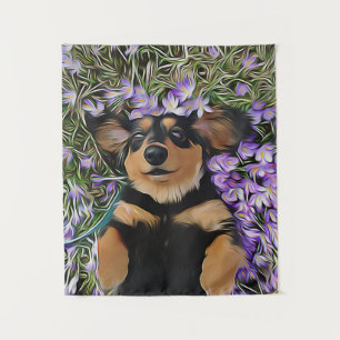 Dachshund liegt in violetten Blumen Wandteppich