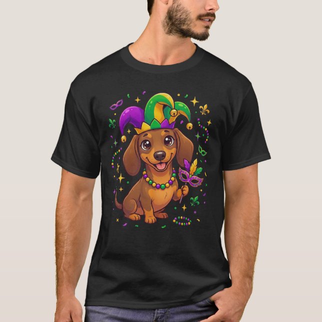 Dachshund Mardi Gras Wiener Dog Fun Party Pajamas T-Shirt (Vorderseite)