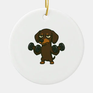 Dachshund mit Hantel-Fitness-Training Bizeps wo Keramik Ornament