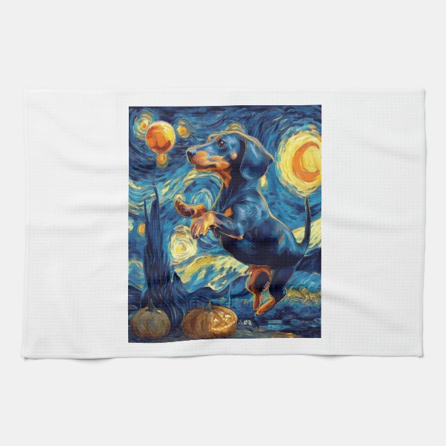 Dachshund of van gogh starry night halloween Funny Geschirrtuch (Horizontal)