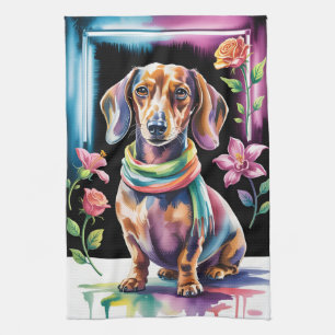 Dachshund-Porträt in Neonlicht und floralem Rahmen Geschirrtuch