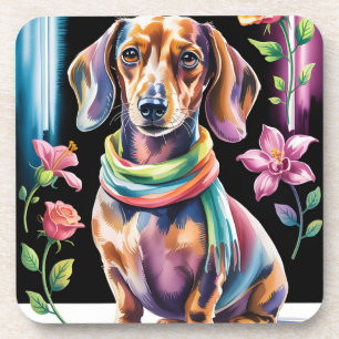 Dachshund-Porträt in Neonlicht und floraler Rahmun Getränkeuntersetzer