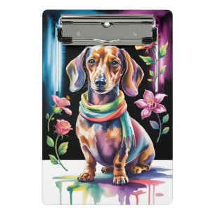 Dachshund-Porträt in Neonlicht und floraler Rahmun Mini Klemmbrett