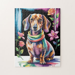 Dachshund-Porträt in Neonlicht und floraler Rahmun Puzzle