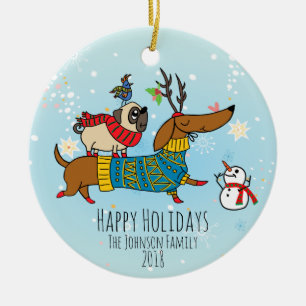 Dachshund, Pug & Vogel Feiertags Keramik-Ornament Keramik Ornament
