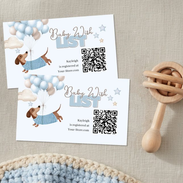 Dachshund QR Code Baby Registry Website Blue Begleitkarte (Baby Shower QR Code Registry cards. Dachshund and balloons design in blue and beige)