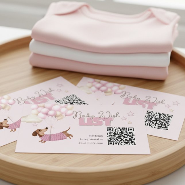 Dachshund QR Code Baby Registry Website Pink Begleitkarte (Dachshund Teenie Weenie QR Code Card - Girl Baby Shower stationery.)