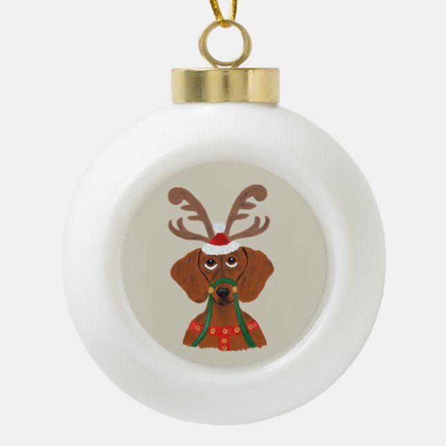 Dachshund-Rentier Keramik Kugel-Ornament (Vorderseite)
