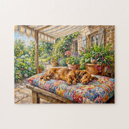 Dachshund ruht auf einer Patchwork-Gartenbank Puzzle