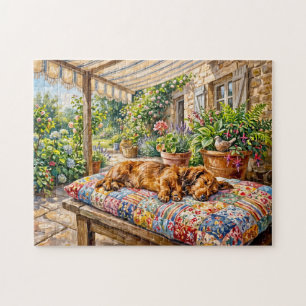 Dachshund ruht auf einer Patchwork-Gartenbank Puzzle