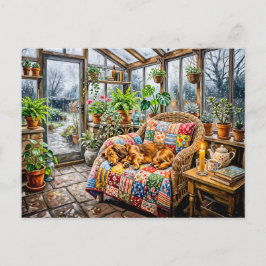 Dachshund ruht auf Patchwork-Stuhl in Greenh Postkarte