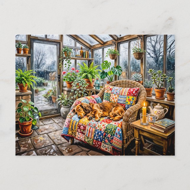 Dachshund ruht auf Patchwork-Stuhl in Greenh Postkarte (Vorderseite)