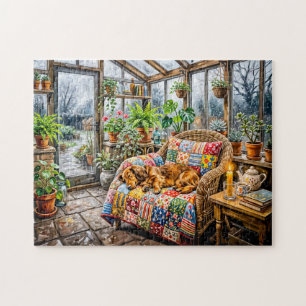 Dachshund ruht auf Patchwork-Stuhl in Greenh Puzzle