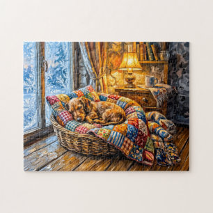Dachshund ruht in gemütlichem Winter-Fensterkorb Puzzle