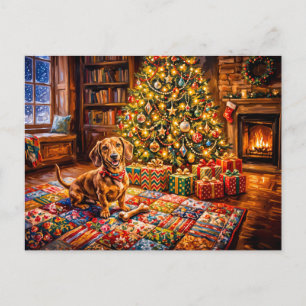 Dachshund ruht neben einem gemütlichen Weihnachtsb Postkarte