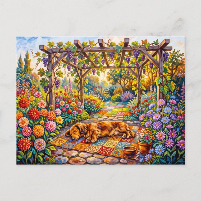 Dachshund ruht unter dem blumigen Gartengang einer Postkarte (Vorderseite)