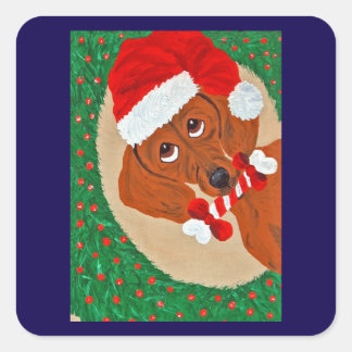 Dachshund Santa beim Blick durch den Kranz Quadratischer Aufkleber