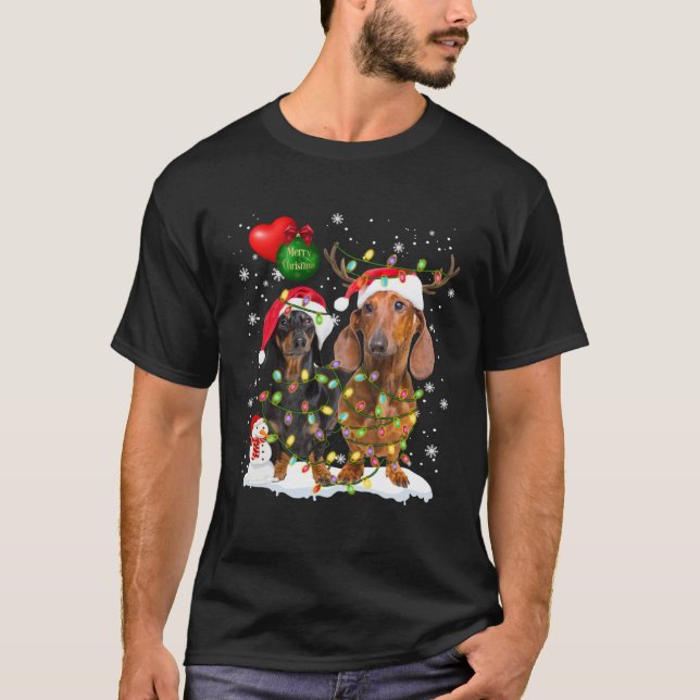 Dachshund  Santa Light Reindeer Hat in Snow Christ T-Shirt (Vorderseite)