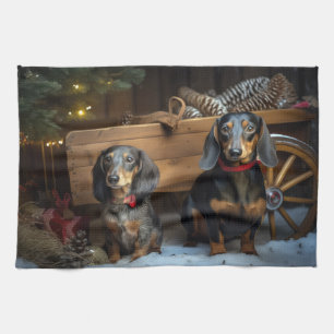 Dachshund Schneebedeckter Schlitten Weihnachtsdeko Geschirrtuch