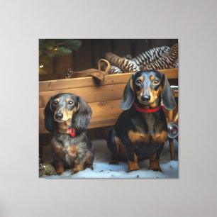 Dachshund Schneebedeckter Schlitten Weihnachtsdeko Leinwanddruck