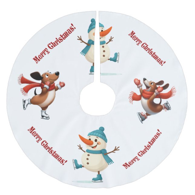 Dachshund-Schneemann-Christbaum-Unterlage Polyester Weihnachtsbaumdecke (Vorderseite)