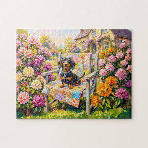 Dachshund sitzt auf einer Blumen-Gartenbank-Szene Puzzle