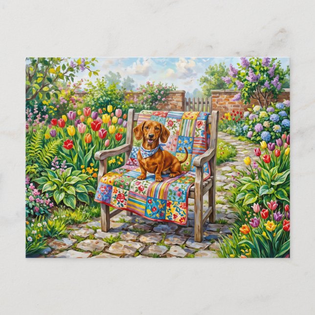 Dachshund sitzt auf patchwork-Gartenstuhl zwischen Postkarte (Vorderseite)