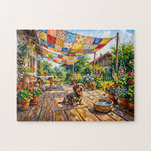 Dachshund sitzt unter farbenfrohem Patchwork-Garte Puzzle