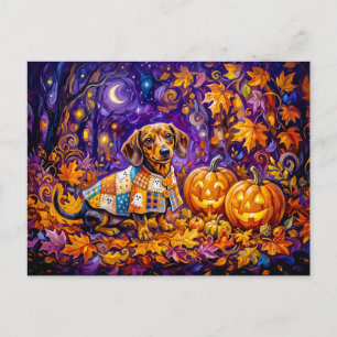 Dachshund sitzt zwischen Kürbissen unter herbstlic Postkarte
