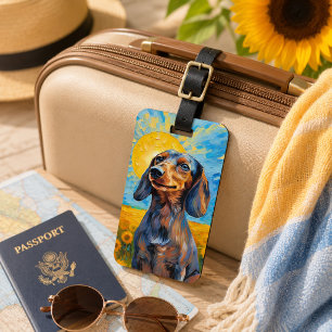 Dachshund Sonnenschein & Sonnenblumen im Stil von Gepäckanhänger