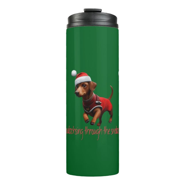 Dachshund springt durch Weihnachten Thermosbecher (Vorderseite)