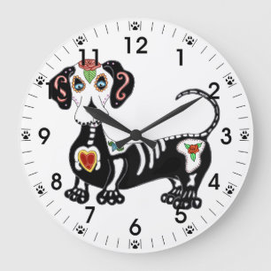 Dachshund Sugar Skull Große Wanduhr