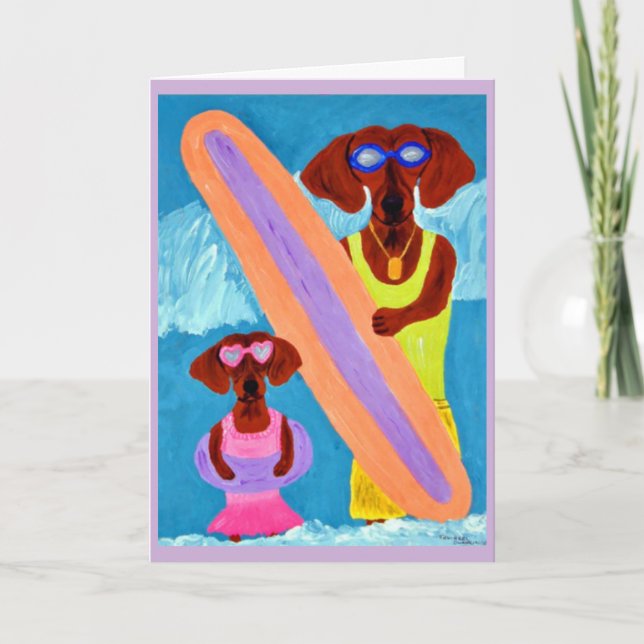 Dachshund-Surfer mit Welpe Karte (Vorderseite)