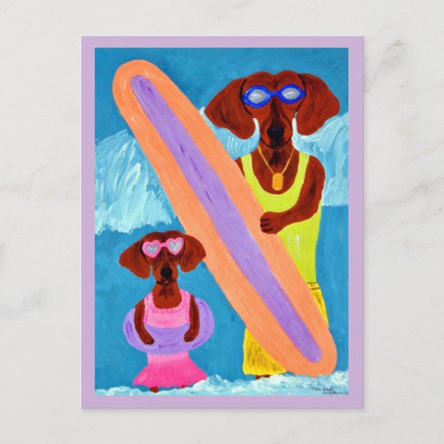 Dachshund-Surfer mit Welpe Postkarte (Vorderseite)