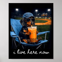 Dachshund trinkt Eiskaffee Baseballfeld live