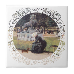 Dachshund und Dame im Park Fliese