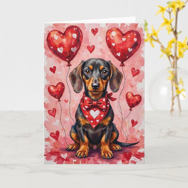 Dachshund Valentine’s Day Dog with Hearts Red Karte (Gelbe Blume)