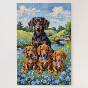 Dachshund Vergissmeinnicht-Wiesen-Kunst Puzzle