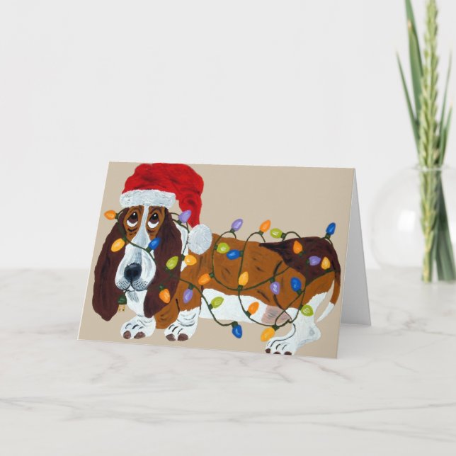 Dachshund verwirrt in den Weihnachtslichtern Feiertagskarte (Vorderseite)