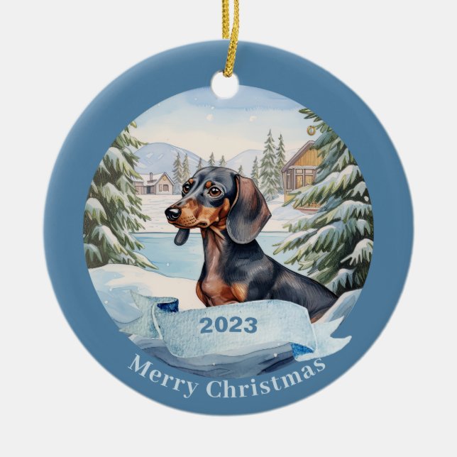 Dachshund Watercolor Dog Christmas Keramik Ornament (Vorne)