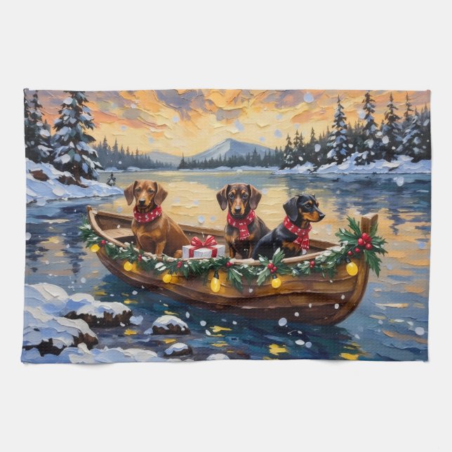Dachshund Weihnachtsboot Urlaub Geschirrtuch (Horizontal)