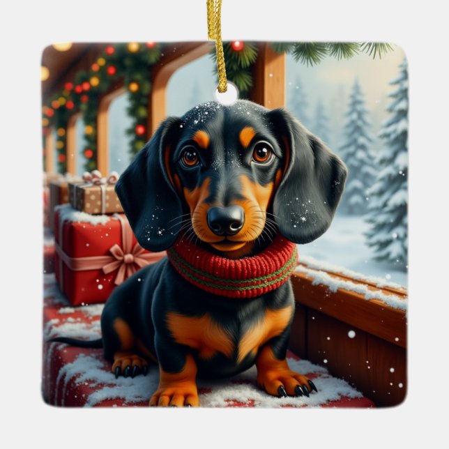 Dachshund-Weihnachtskunst Keramikornament (Vorderseite)