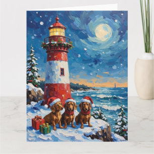 Dachshund-Weihnachtsleuchtturm-Feier Karte